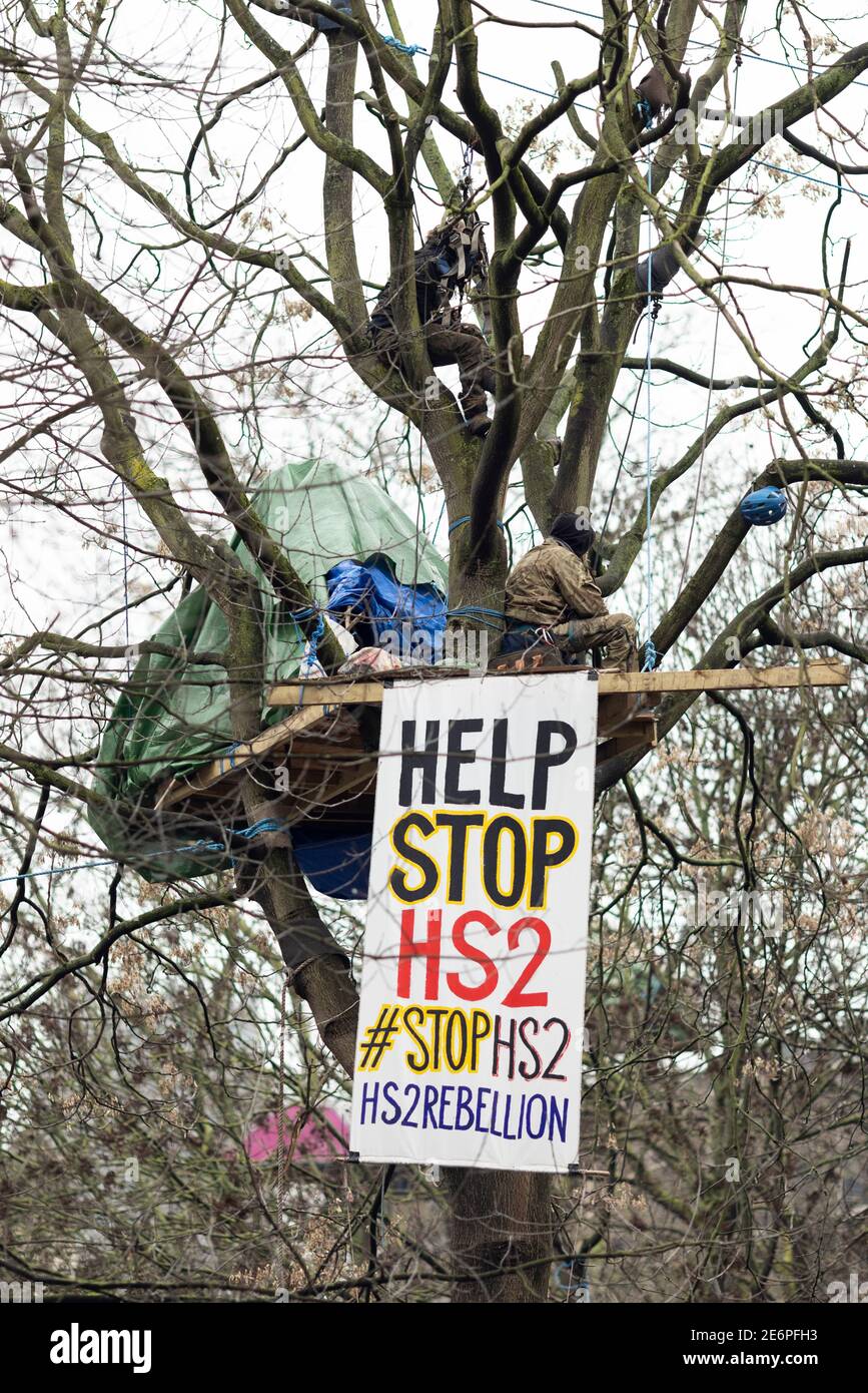 Räumung von Stop HS2 Demonstranten vom Campingplatz in Euston Square Gardens, London, 27. Januar 2021. Protesters Zelt und Banner in einem Baum. Stockfoto