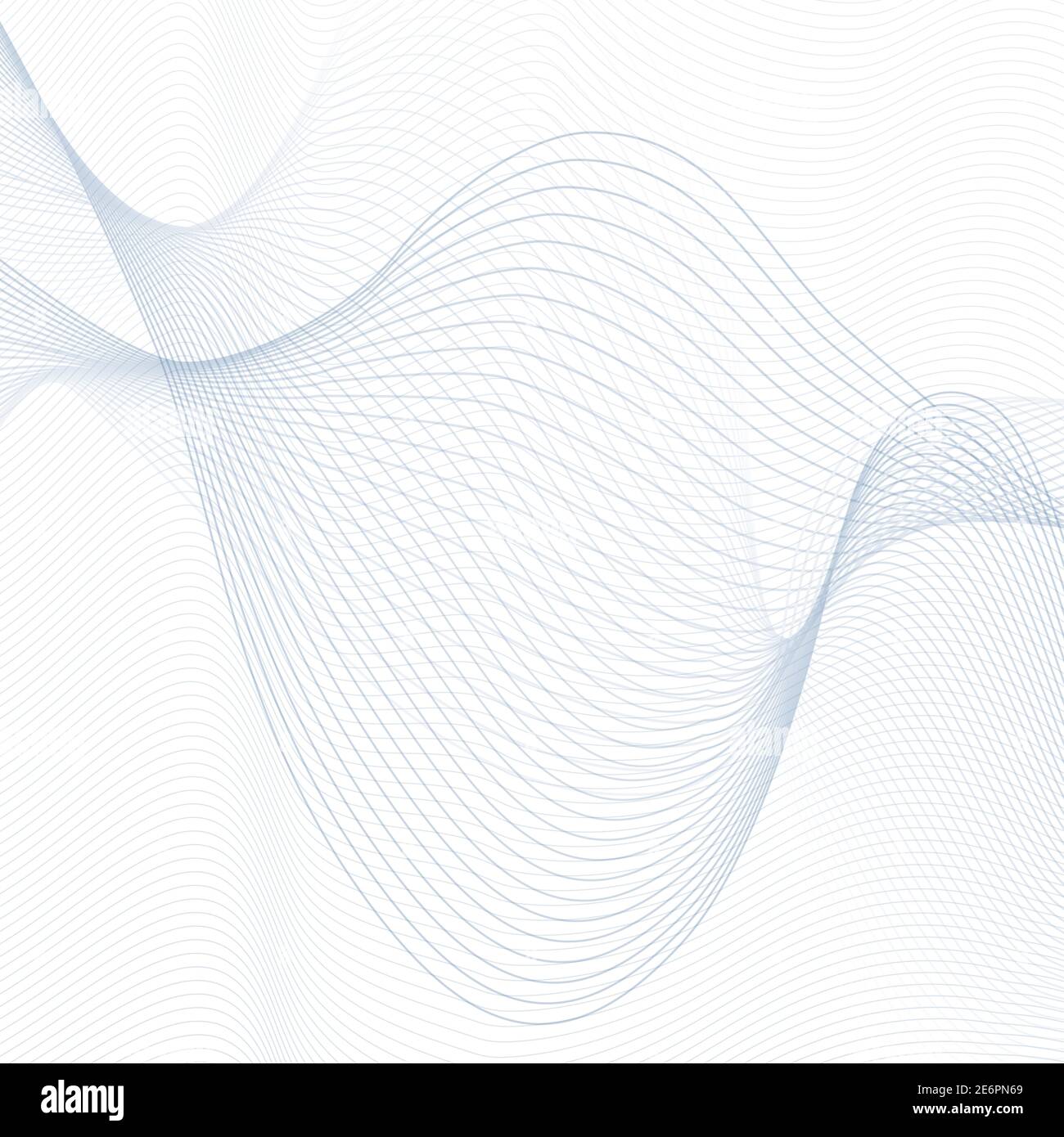 Futuristische grau-blaue Wellenformen, weißer Hintergrund. Verdrehte dünne Kurven. Radio, Klangwellenkonzept. Abstraktes Techno Linie Kunstdesign. Vektorrastermuster Stock Vektor