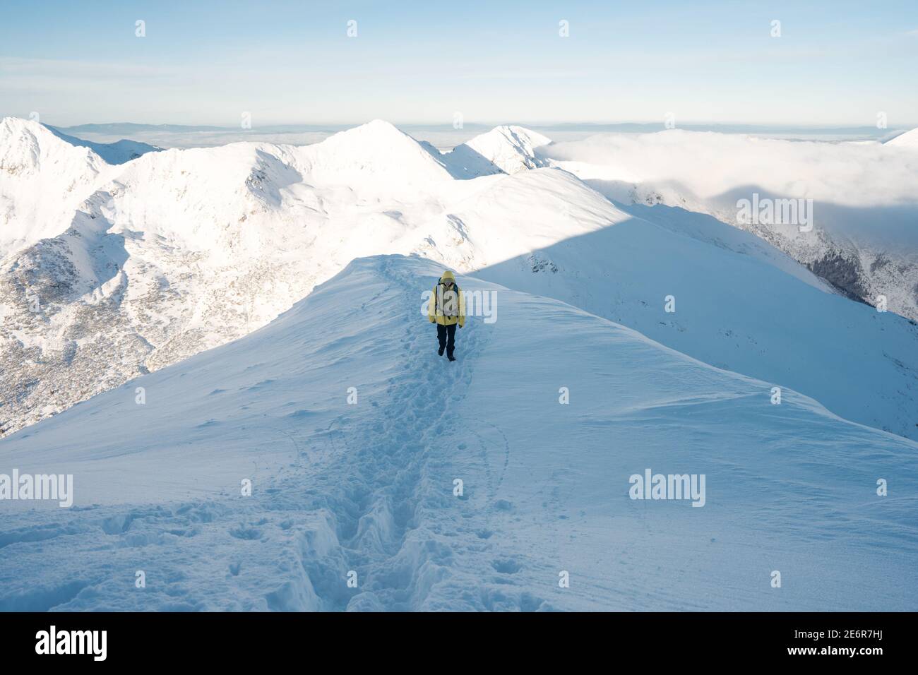 Wanderer mit Blick auf die Bergkette an sonnigen Tagen. Blick vom Mount. Cover zum Thema Wandern. Tourist auf dem Kamm der Westlichen Tatra. Stockfoto