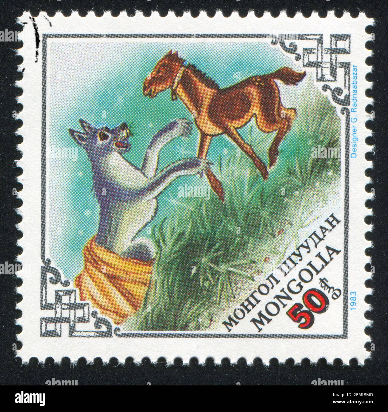 MONGOLEI - UM 1983: Stempel gedruckt von Mongolei, zeigt Wolf beim Springen aus Sack und angreifenden Fohlen, um 1983 Stockfoto