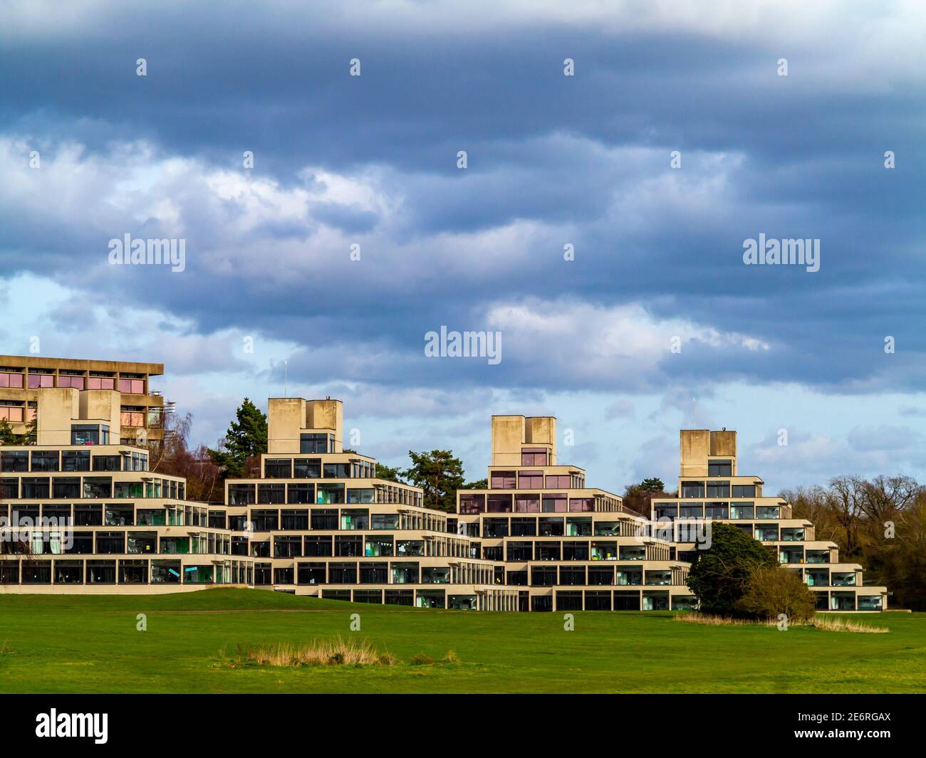 Der Campus der University of East Anglia in Norwich England wurde von Denys Lasdun entworfen und von 1962 bis 1968 mit Betonterrassen im Ziggurat-Stil gebaut. Stockfoto