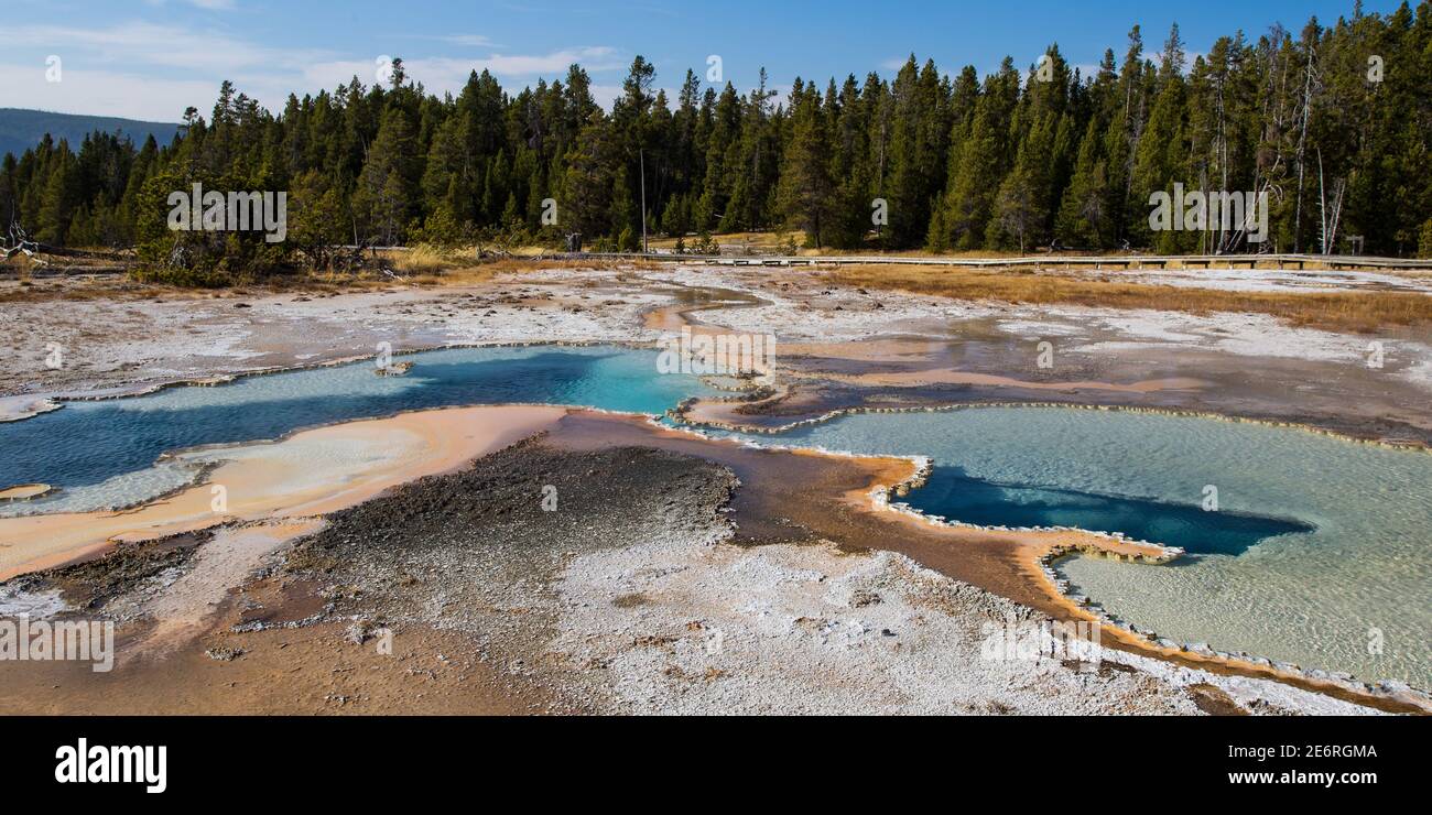 Heiße Quellen sind die häufigsten hydrothermalen Eigenschaften im Yellowstone. Sie variieren von schäumenden Mokka-wie kochendes Wasser bis hin zu klaren und ruhigen Pools. Stockfoto