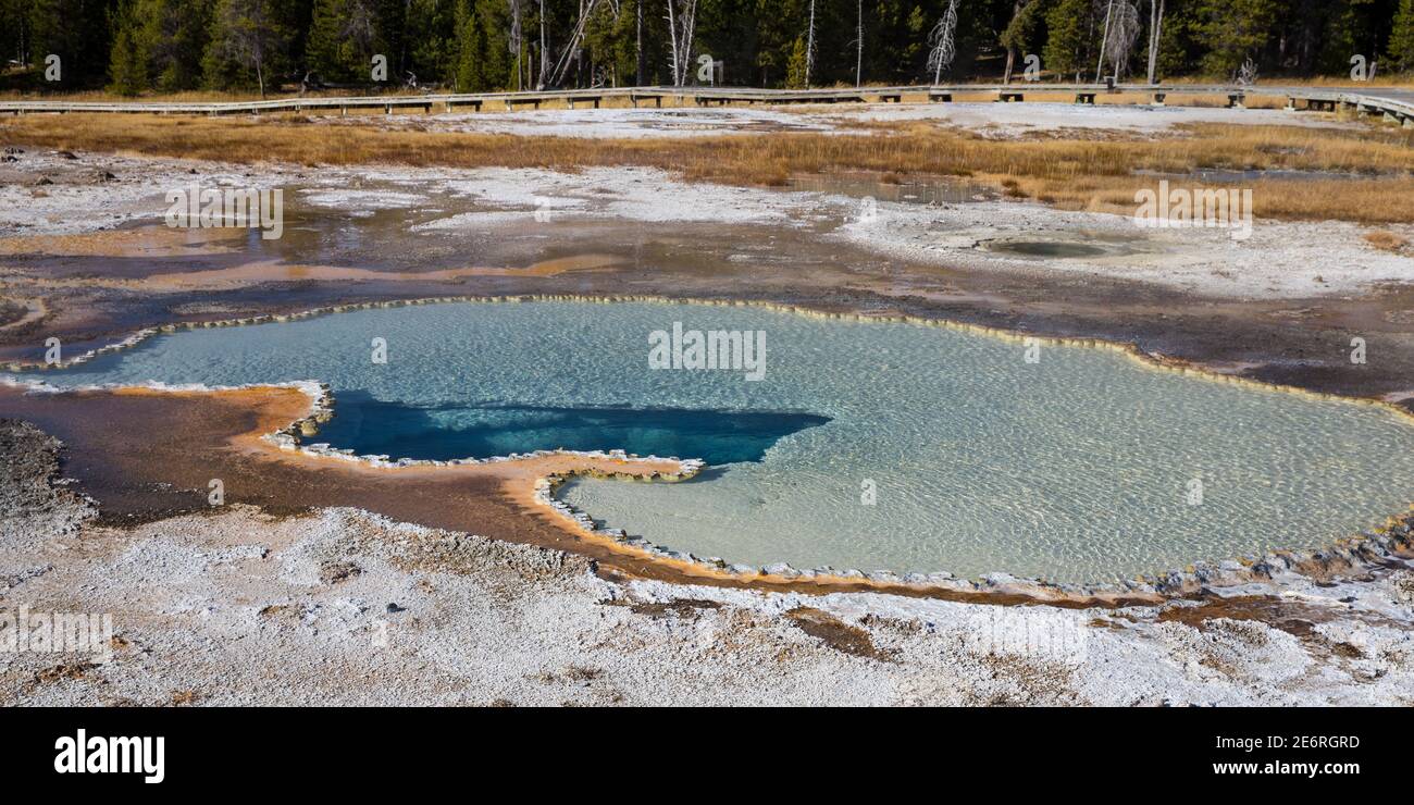 Heiße Quellen sind die häufigsten hydrothermalen Eigenschaften im Yellowstone. Sie variieren von schäumenden Mokka-wie kochendes Wasser bis hin zu klaren und ruhigen Pools. Stockfoto