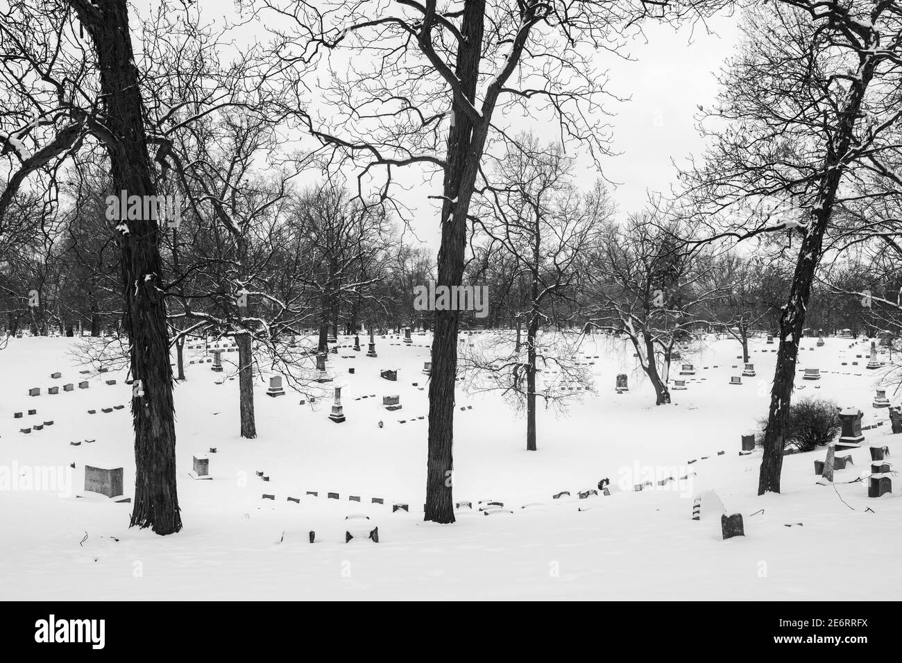 Forest Home Cemetery in Milwaukee mit Schwarz-Weiß-Schneebedeckung Stockfoto Forest Home Cemetery in Milwaukee mit Schwarz-Weiß-Schneebedeckung Stockfoto