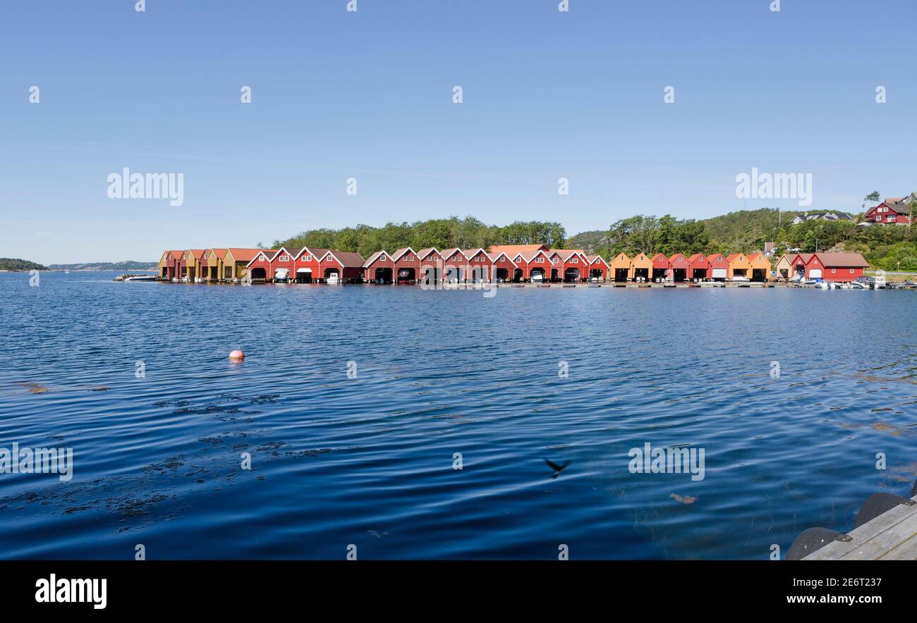 Bunte Bootshäuser am Hafen von Svenevig in Südnorwegen Stockfoto