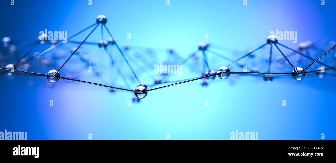 Ein abstraktes Bild eines Gitters aus Glaskugeln. Sehr geringe Schärfentiefe. Konnektivität, Komplexität und Netzwerkkonzept Stockfoto