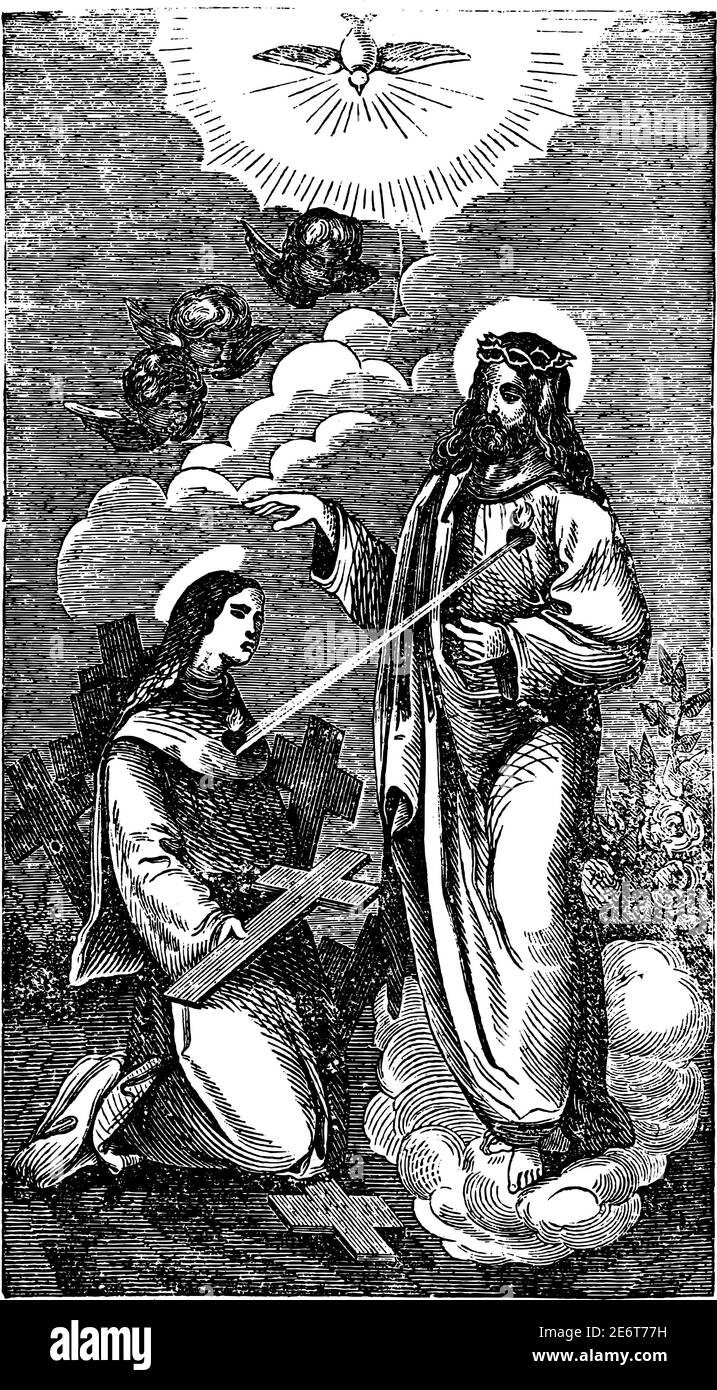 Jesus Christus entzündet Liebe im Herzen der jungen Frau, die das Kreuz trägt. Antike Vintage christian religiöse Gravur oder Zeichnung Illustration. Stock Vektor