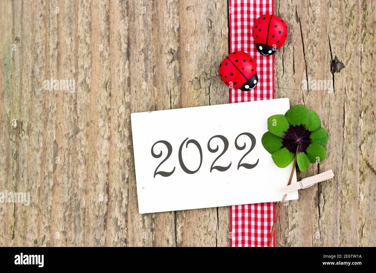 Neujahrskarte für 2022 mit Kleeblatt und Marienkäfer Stockfoto