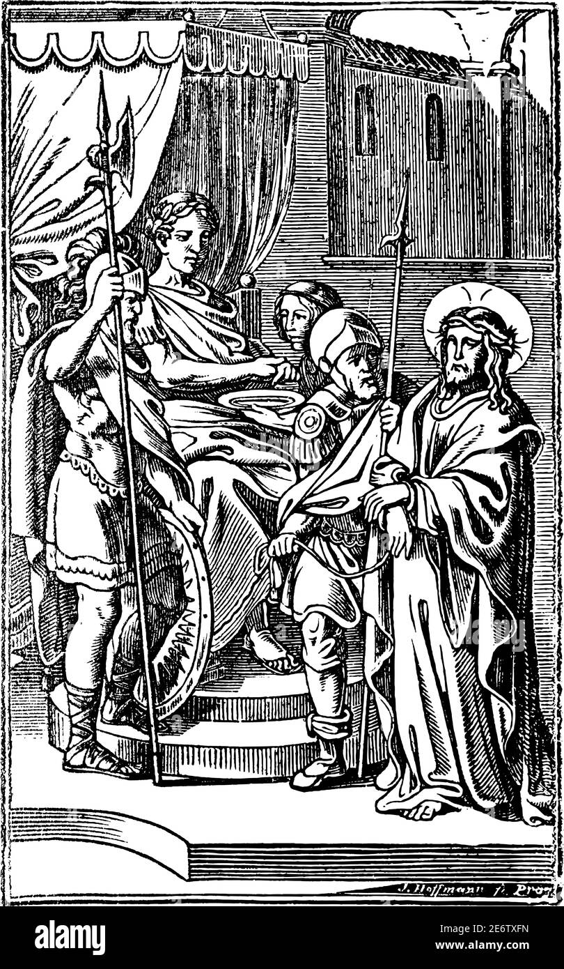 1. Oder erste Station des Kreuzes oder Kreuzweg oder Via Crucis. Jesus ist zum Tode verurteilt.Bibel, Neues Testament. Antike Vintage biblische religiöse Gravur oder Zeichnung. Stock Vektor