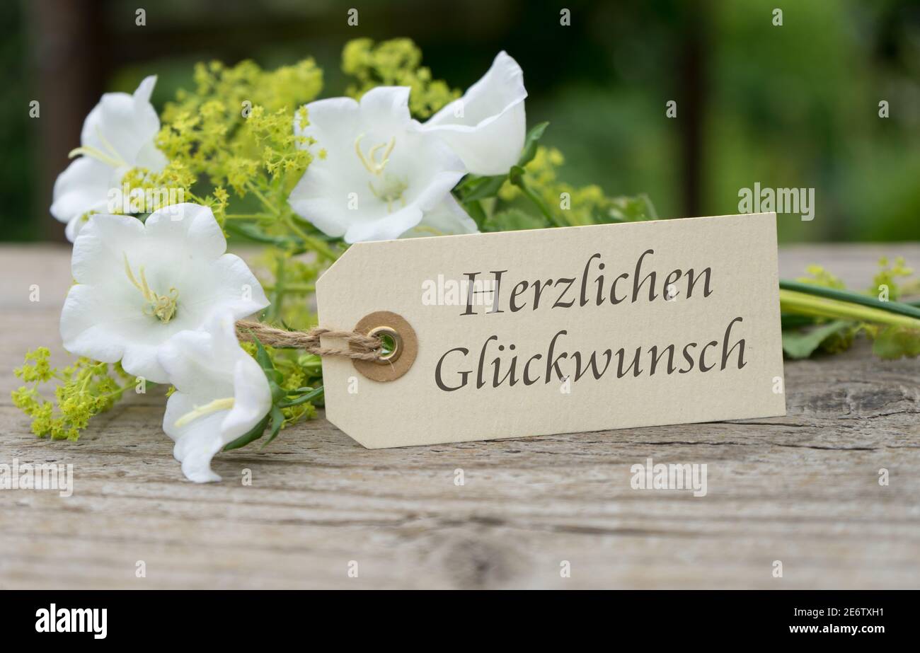 Grußkarte mit weißen Glockenblumen und deutschem Text herzlichen Glückwunsch Stockfoto