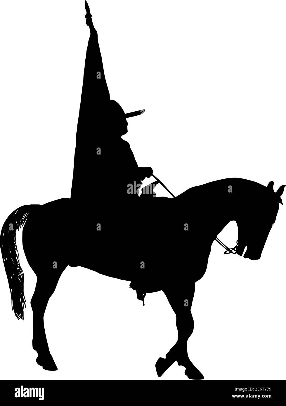 Pferd und Reiter mit Flagge Silhouette auf weißem Hintergrund Stock Vektor