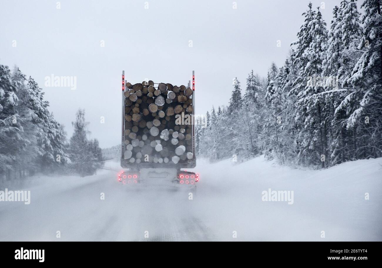 Schweden, Lappland, Norrbotten County, borealer Wald, LKW beladen mit Baumstämmen auf einer verschneiten Straße durch den borealen Wald Stockfoto
