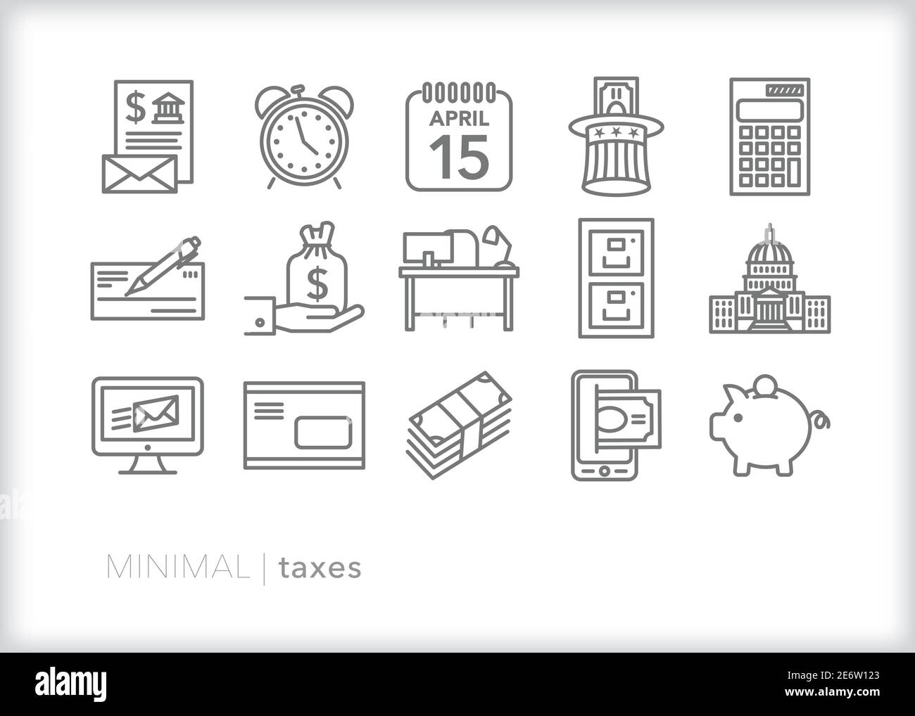 Set von 15 Steuern Zeile Symbole für den Empfang von Steuern fällig Rechnung, immer Hilfe bei der Buchhaltung, Finanzen, Steuern zahlen und eine Rückerstattung Stock Vektor