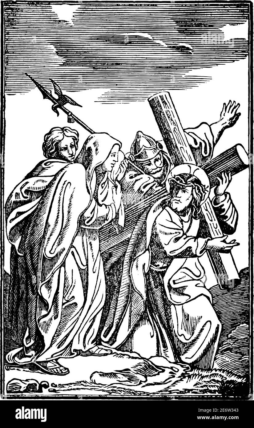 4. Oder 4. Station des Kreuzes oder Kreuzweg oder Via Crucis. Jesus begegnet seiner Mutter Maria.Bibel, Neues Testament. Antike Vintage biblische religiöse Gravur oder Zeichnung. Stock Vektor
