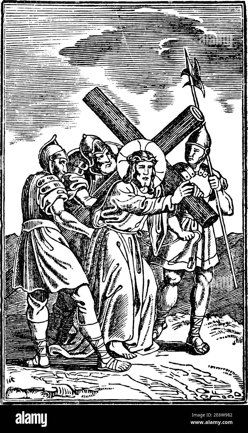2. Oder 2. Station des Kreuzes oder Kreuzweg oder Via Crucis. Jesus trägt sein Kreuz.Bibel, Neues Testament. Antike Vintage biblische religiöse Gravur oder Zeichnung. Stock Vektor