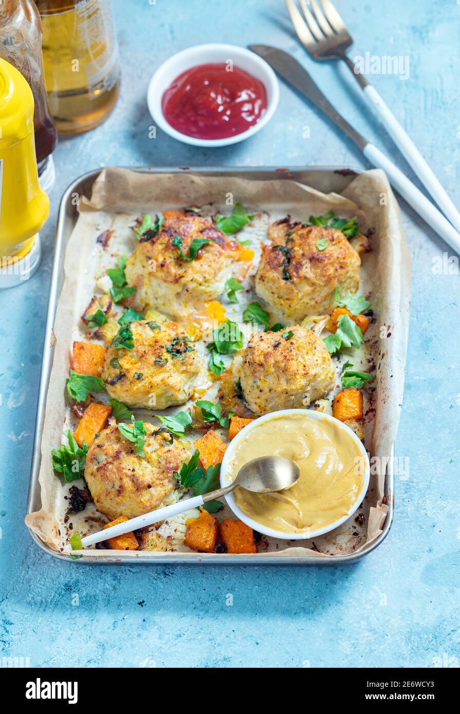 Vegetarische Krapfen in einem Backblech Stockfoto