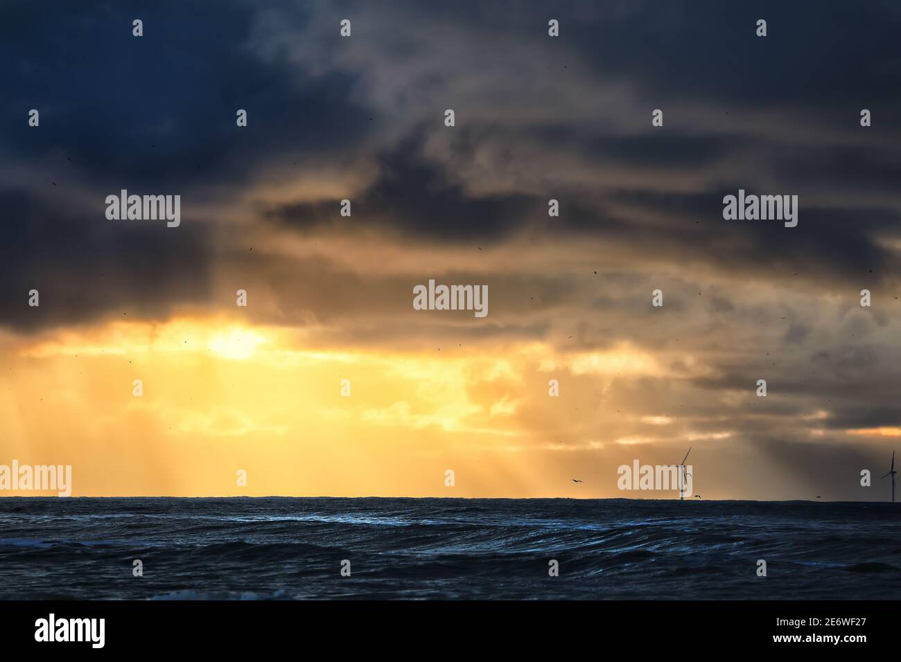 Dramatischer stürmischer Sonnenuntergang über dem Meereshorizont, Niederlande Stockfoto