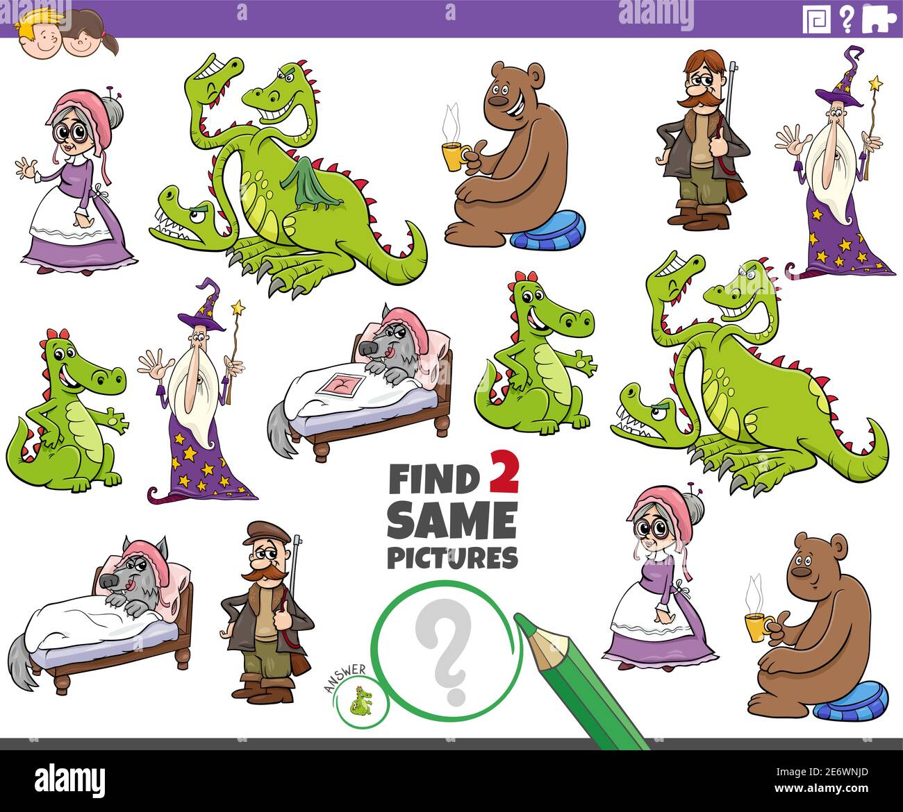 Cartoon Illustration der Suche nach zwei gleichen Bildern pädagogische Aufgabe mit Märchenfiguren Stock Vektor
