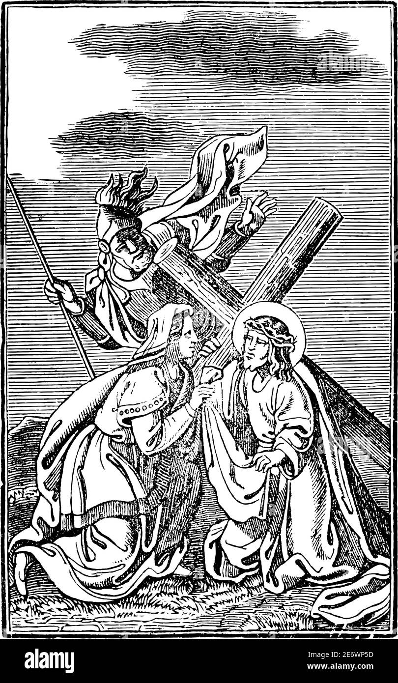 6. Oder 6. Station des Kreuzes oder Kreuzweg oder Via Crucis. Veronica wischt das Gesicht von Jesus.Bible, New Testament.Antique Jahrgang biblischen religiösen Gravur oder Zeichnung. Stock Vektor