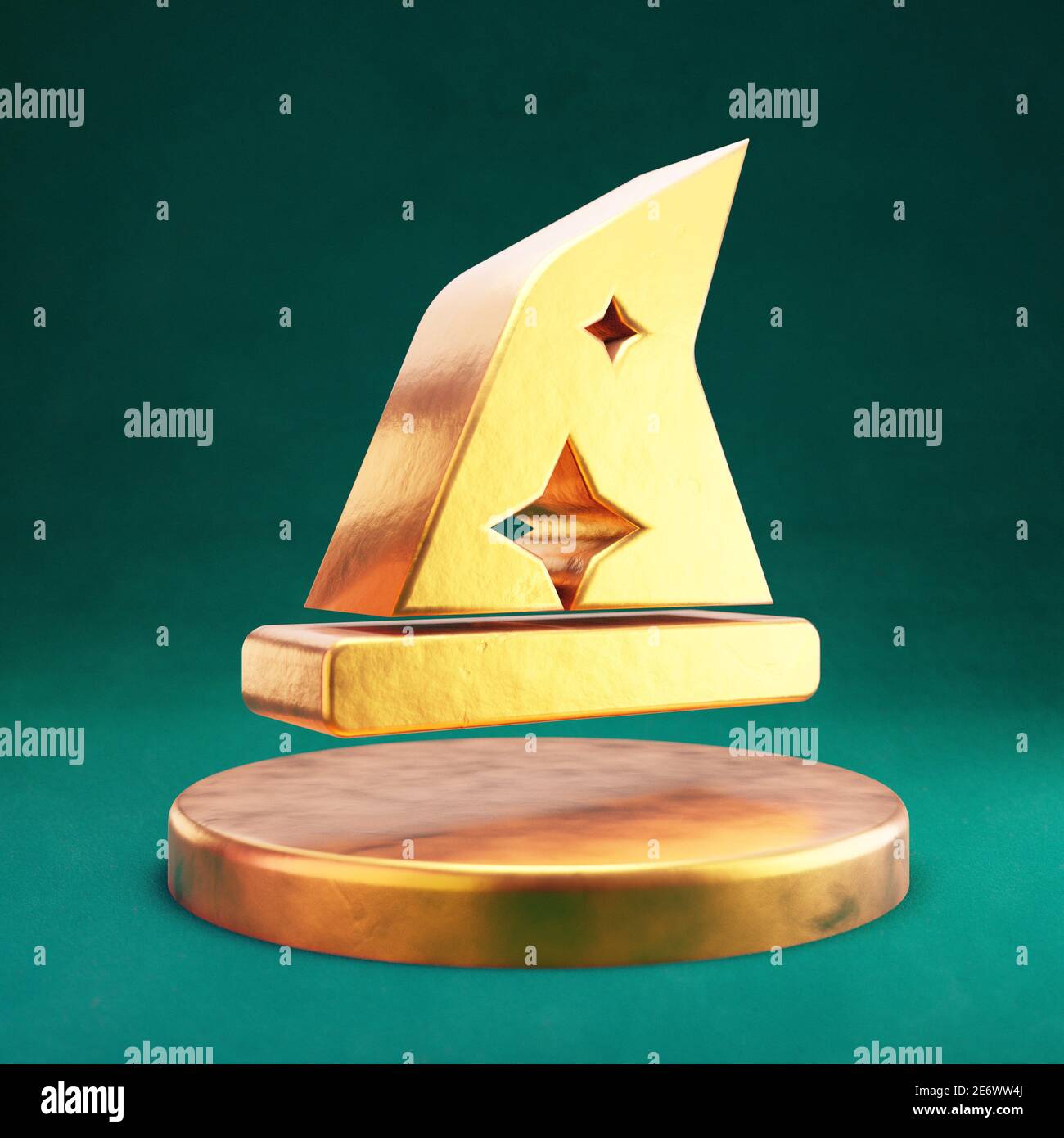 Wizard hat-Symbol. Fortuna Gold Wizard Hut Symbol auf goldenem Podium. Stockfoto