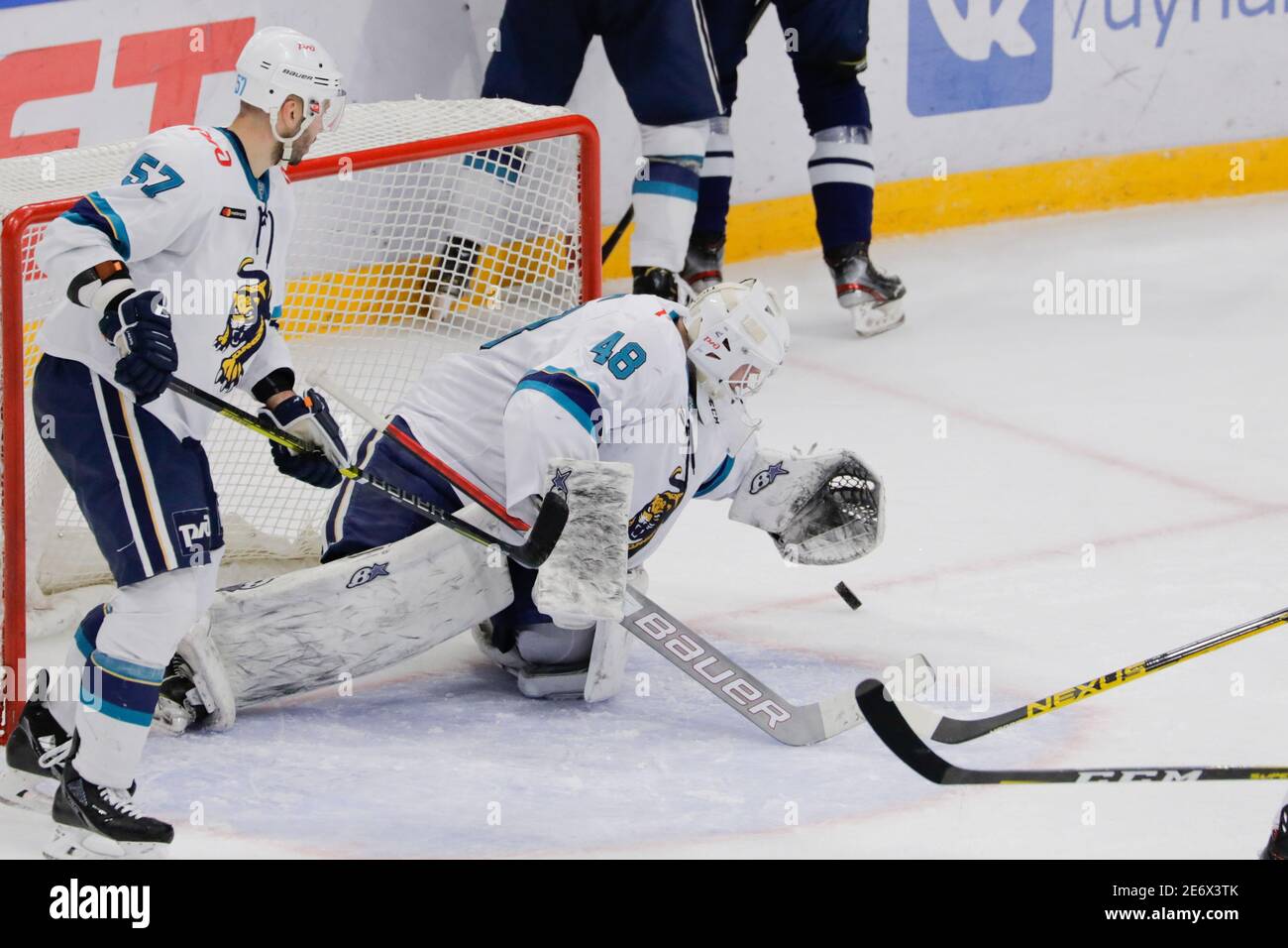 Moskau, Russland. Januar 2021. KHL Eishockeyspiel der regulären Saison: Dinamo Moskau gegen HC Sotschi - Moskau VTB Arena - dritte Periode. Kredit: Marco Ciccolella/Alamy Live Nachrichten Stockfoto