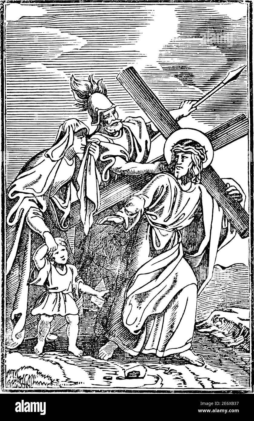 8. Oder 8. Station des Kreuzes oder Kreuzweg oder Via Crucis. Jesus begegnet den Frauen von Jerusalem.Bibel, Neues Testament. Antike Vintage biblische religiöse Gravur oder Zeichnung. Stock Vektor