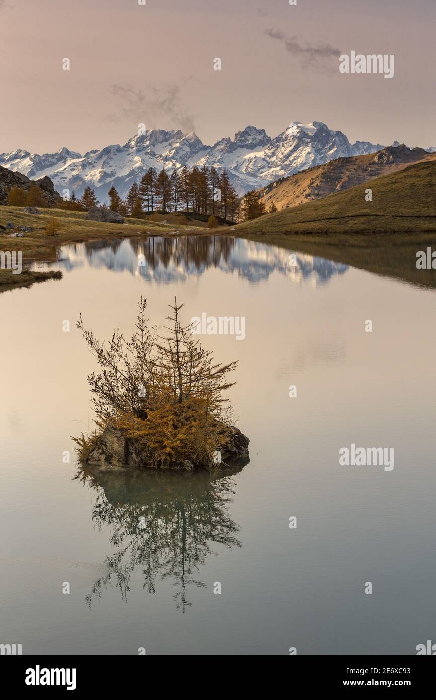 Frankreich, Hautes Alpes, Ubaye, Saint Cr?PIN, Lauzet-Tal, Lauzet-See, im Hintergrund das Ecrins-Massiv, Ailefroide (3954 m), Pic Sans Nom (3913 m) und Mont Pelvoux (3946 m) Stockfoto