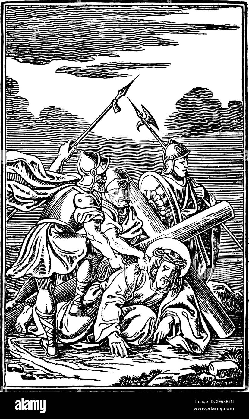 9. Oder 9. Station des Kreuzes oder Kreuzweg oder Via Crucis. Jesus fällt zum dritten Mal.Bibel, Neues Testament. Antike Vintage biblische religiöse Gravur oder Zeichnung. Stock Vektor