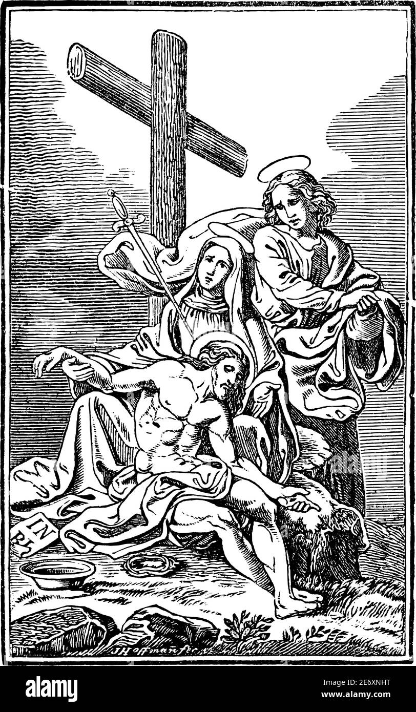 13. Oder 13. Station des Kreuzes oder Kreuzweg oder Via Crucis. Jesus wird von der Cross.Bible, New Testament.Antique Vintage biblischen religiösen Gravur oder Zeichnung genommen. Stock Vektor