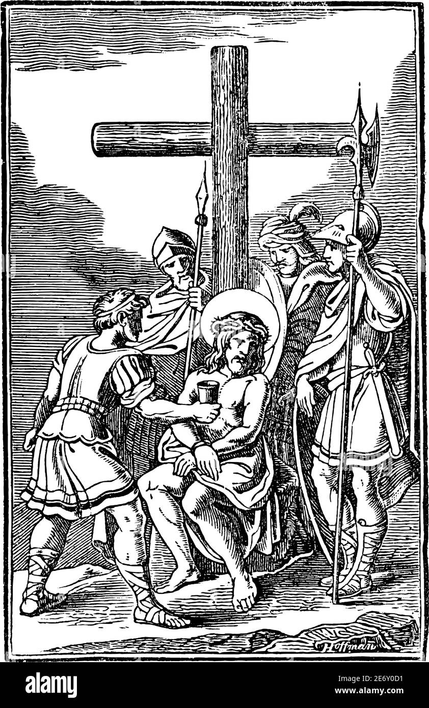 10. Oder 10. Station des Kreuzes oder Kreuzweg oder Via Crucis. Jesus wird seiner clothes.Bible, New Testament.Antique Vintage biblischen religiösen Gravur oder Zeichnung beraubt. Stock Vektor