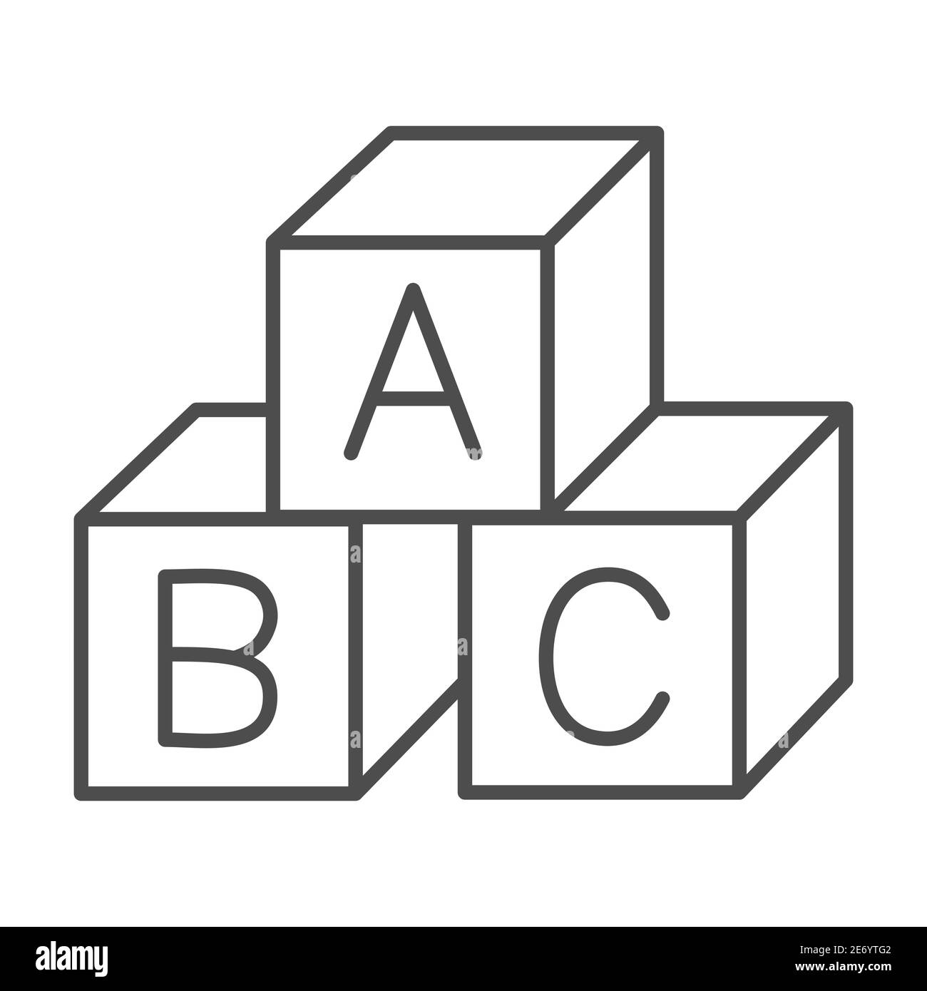 Kinder Würfel dünne Linie Symbol, Bildungskonzept, Spielzeugwürfel mit Buchstaben Zeichen auf weißem Hintergrund, Alphabet Blöcke mit A, B, C Buchstaben Symbol in Umriss Stock Vektor