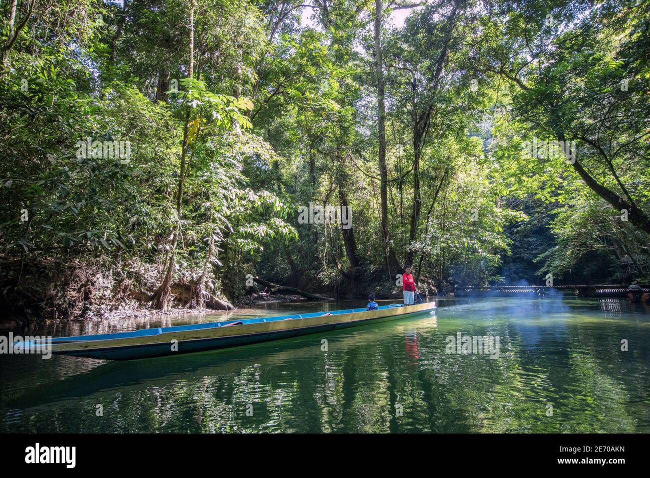 Longboat auf dem Mellinau River in Clearwater Cave, Mulu, Malaysia Stockfoto