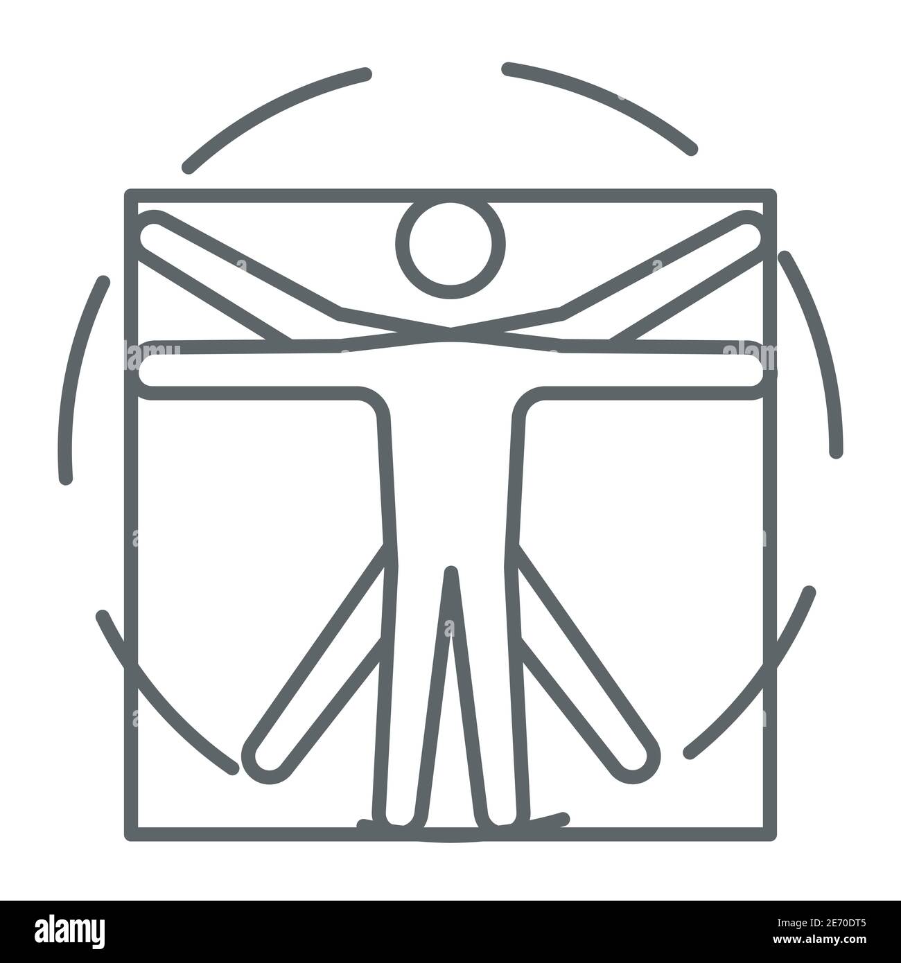 Leonardo Da Vinci Vitruvian man dünne Linie Symbol, Wissenschaft Konzept, menschlicher Körper im Kreis und Quadrat Zeichen auf weißem Hintergrund, klassische Proportion Mann Form Stock Vektor