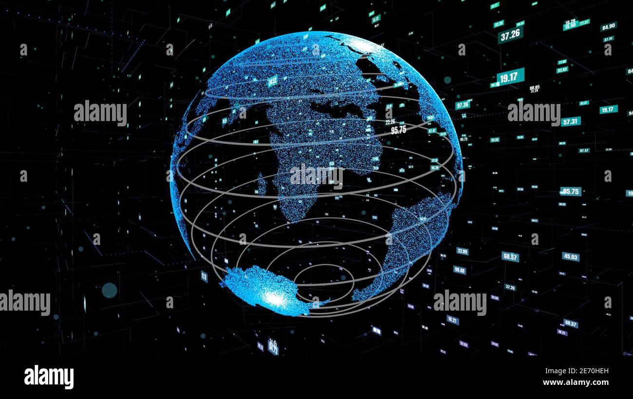 Global Data Science Technologie und Computer-Programmierung Abstract . Zukünftige digitale Erdnetzverbindung des Informationszeitalters . 3D-Rendering cg . Stockfoto