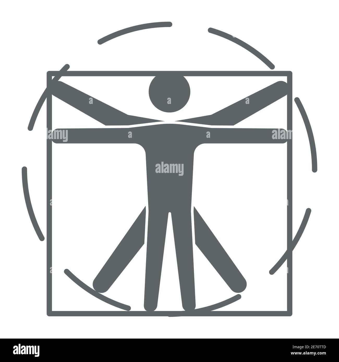 Leonardo Da Vinci Vitruvian Mann solide Ikone, Wissenschaft Konzept, menschlicher Körper im Kreis und Quadrat Zeichen auf weißem Hintergrund, klassische Proportion Mann Form Stock Vektor