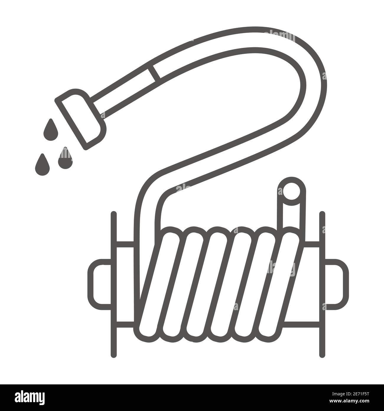 Bewässerungsschlauch dünne Linie Symbol, Garten und Gartenkonzept, Jets von Wasser Bewässerung Ausrüstung Zeichen auf weißem Hintergrund, Wasserschlauch Symbol in Umriss Stock Vektor