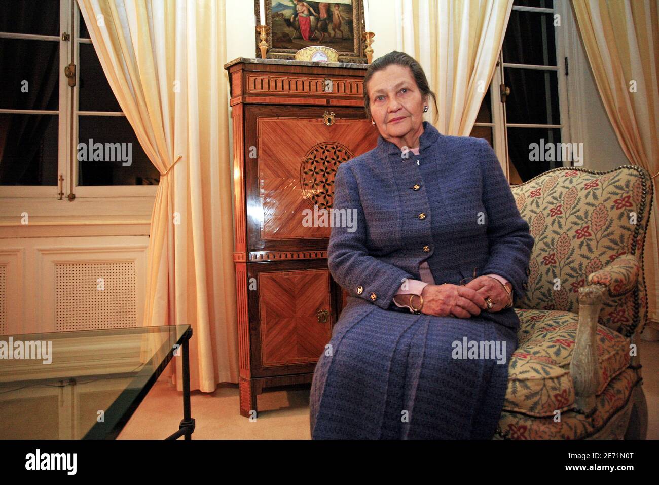 "Simone Veil, Präsident der Fondation pour la Memoire de la Shoah und ein Überlebender des Holocaust nimmt am Internationalen Gedenktag 2007 zum Gedenken an die Opfer des Holocaust zum Thema "die Jugend und die Lehren des Holocaust im Fokus" Teil. Am 29. Januar 2007 im Hauptsitz der Vereinten Nationen in New York City. Foto von Gerald Holubowicz/ABACAPRESS.COM' Stockfoto