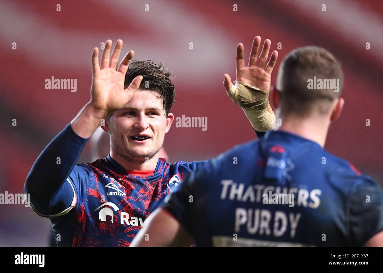 Ashton Gate Stadium, Bristol, Großbritannien. Januar 2021. Premiership Rugby Union, Bristol Bears versus Bath; Piers O'Conor von Bristol Bears feiert den letzten Pfiff und gewinnt das Spiel 48-3 Credit: Action Plus Sports/Alamy Live News Stockfoto