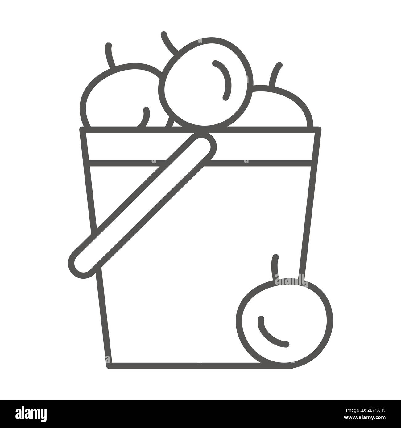 Eimer mit Äpfeln dünne Linie Symbol, Garten und Gartenkonzept, Ernte Zeichen auf weißem Hintergrund, Garten Eimer mit Äpfeln Symbol in Umriss Stil für Stock Vektor