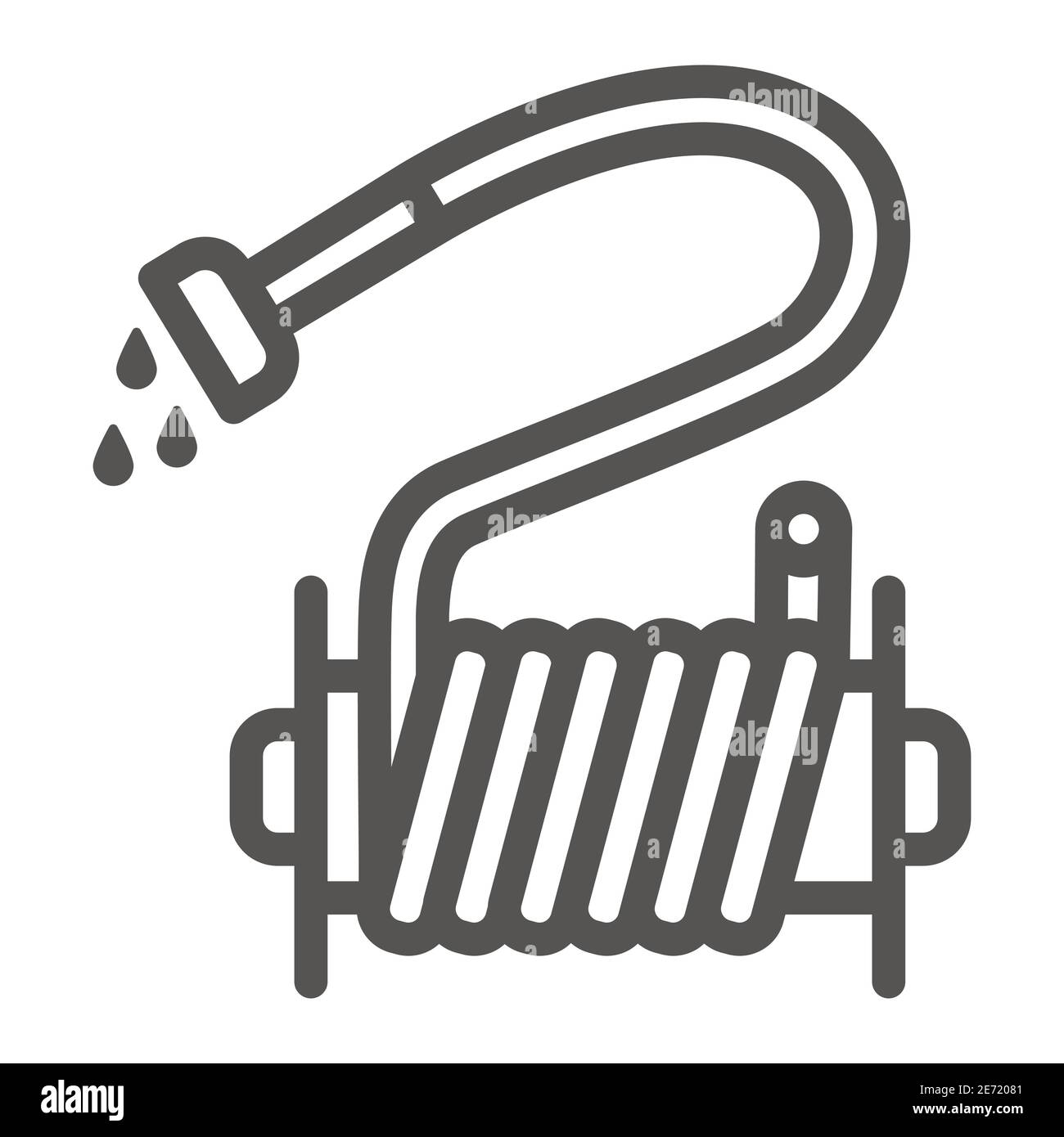 Bewässerungsschlauch Linie Symbol, Garten und Gartenkonzept, Jets von Wasser Bewässerung Ausrüstung Zeichen auf weißem Hintergrund, Wasserschlauch Symbol im Umriss Stil Stock Vektor