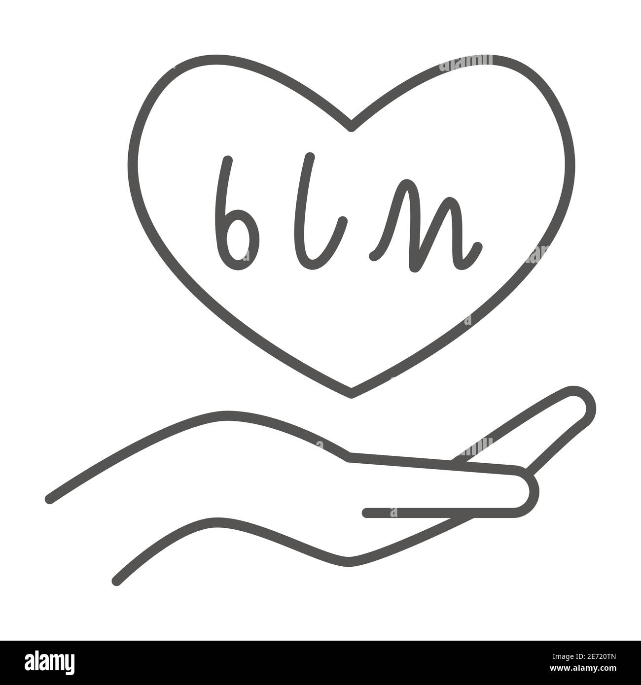 Hand halten Herz mit BLM Text dünne Linie Symbol, Black Lives Materie Konzept, BLM Herz in Hand Zeichen auf weißem Hintergrund, Herz in Handfläche Symbol in Umriss Stock Vektor