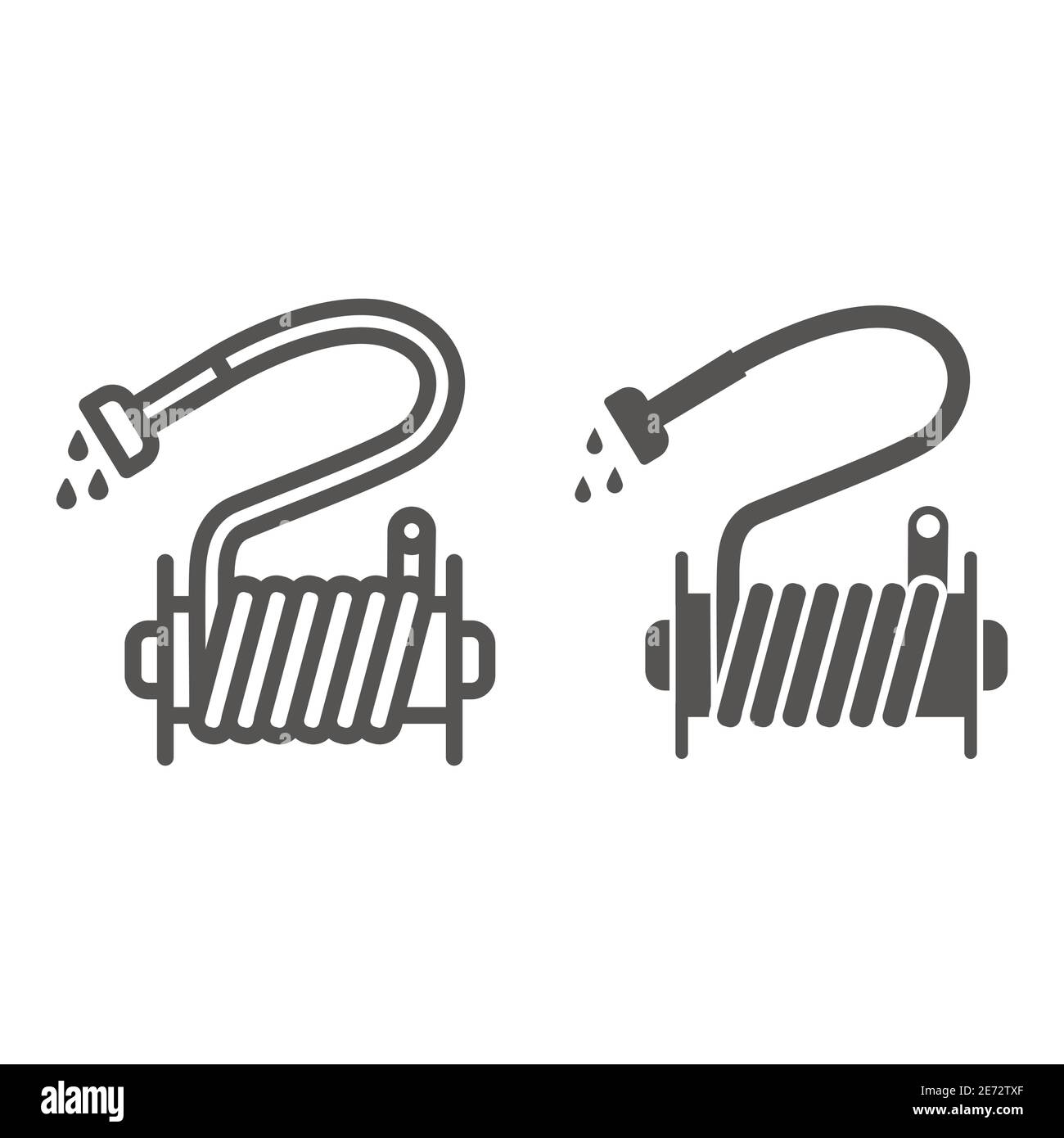 Bewässerungsschlauch Linie und solide Symbol, Garten und Gartenkonzept, Jets von Wasser Bewässerung Ausrüstung Zeichen auf weißem Hintergrund, Wasserschlauch Symbol in Stock Vektor