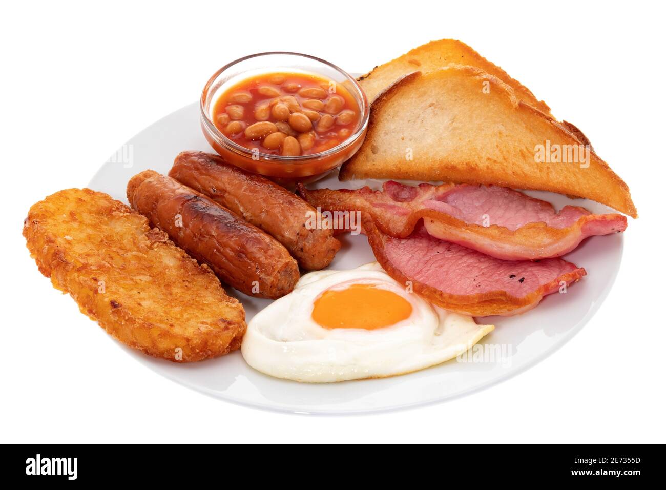 Gebratenes englisches Frühstück mit weißem Hintergrund Stockfoto