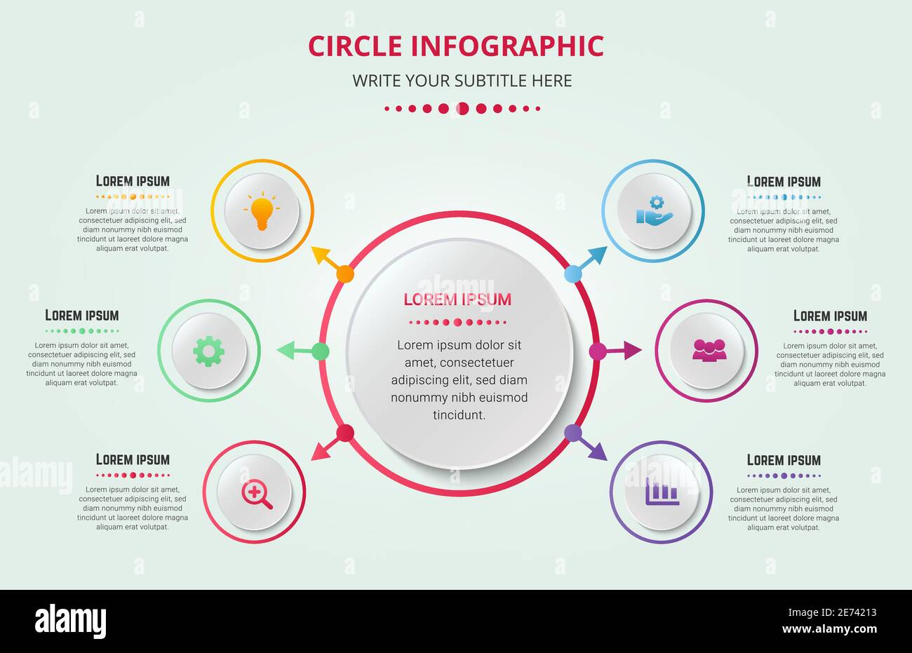 Moderne Kreis Infografik 6 Optionen mit Farbverlauf und Business Symbole Stock Vektor