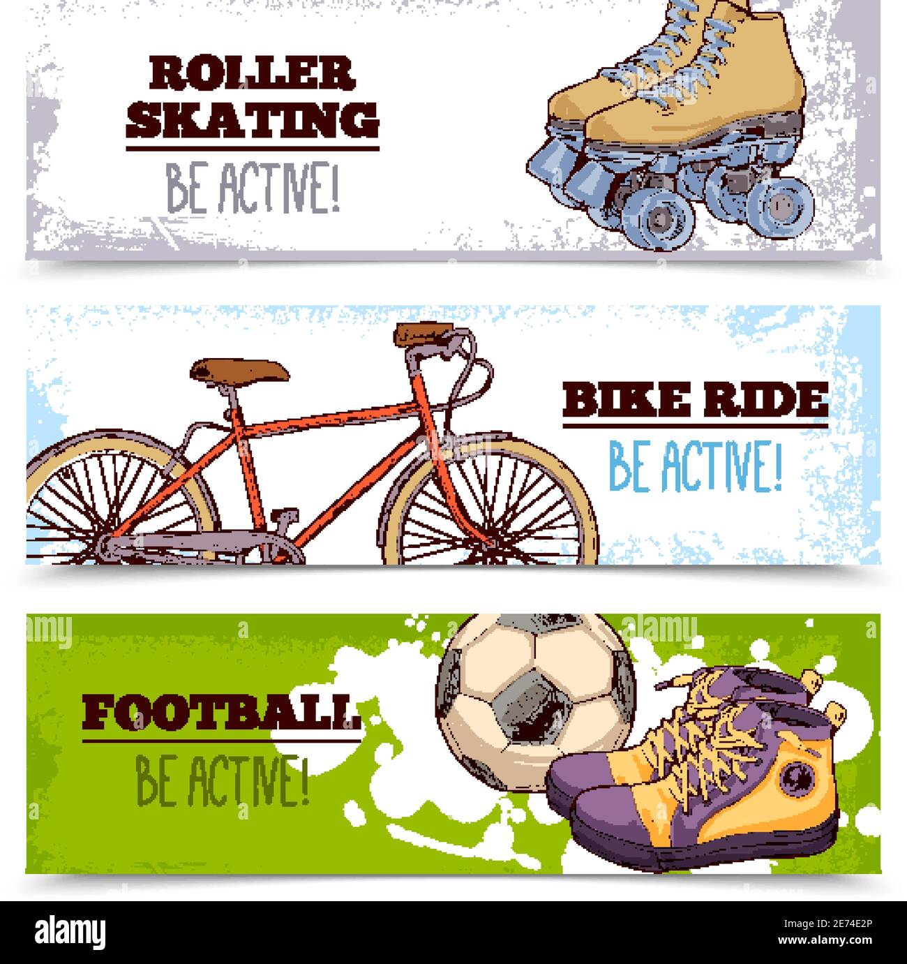Sommer Sport horizontale Banner Set mit handgezeichneten Fahrrad und Football Ball isolierte Vektor-Illustration Stock Vektor