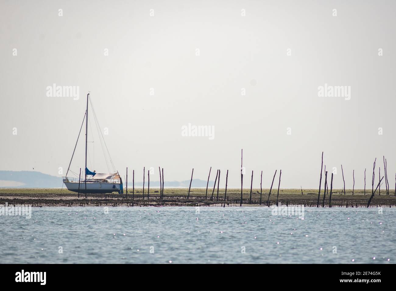 Ein Segelboot auf einer Sandbank in der Bucht von Arcachon, Gironde, Frankreich, Europa. Holzstangen und Austernfallen an der Küste Stockfoto