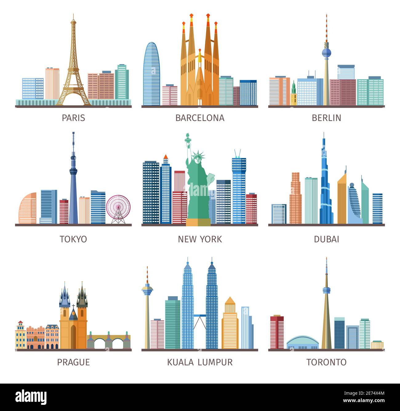 Städte Skylines Ikonen um die Welt mit Eiffelturm gesetzt Und Freiheitsstatue flach isoliert Vektor-Illustration Stock Vektor