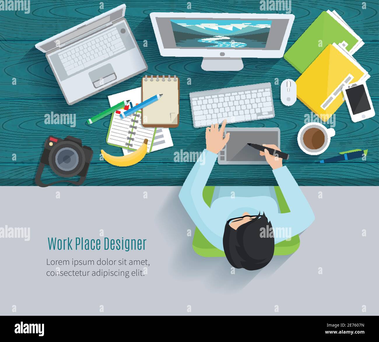 Designer-Arbeitsplatz Wohnung mit Draufsicht Frau am Tisch und Design Gadgets Vektor-Illustration Stock Vektor