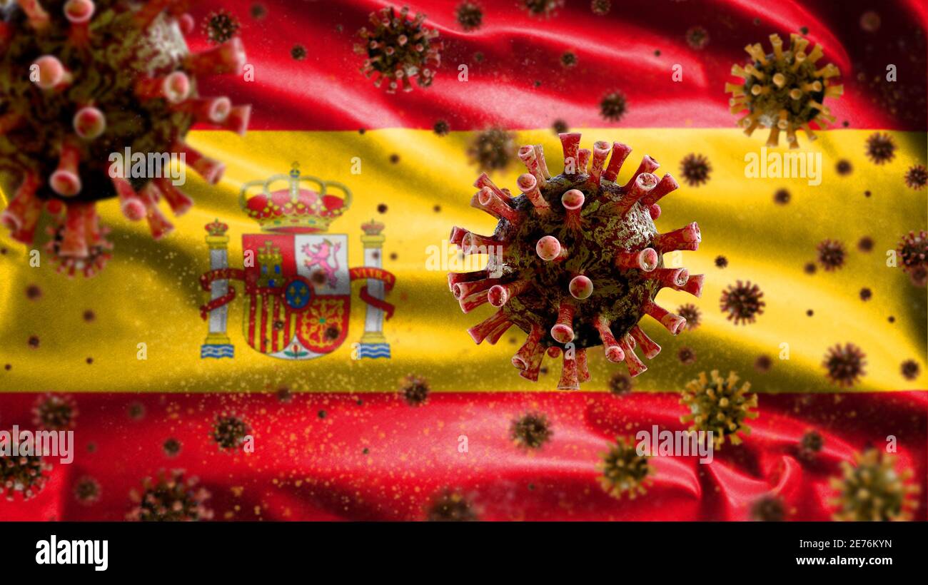 Spanische Flagge winken und Coronavirus 2019 NCoV Konzept. Asiatischer Ausbruch in Spanien, Coronaviren Influenza als gefährliche Grippesteimpffälle wie eine Pandemie. M Stockfoto