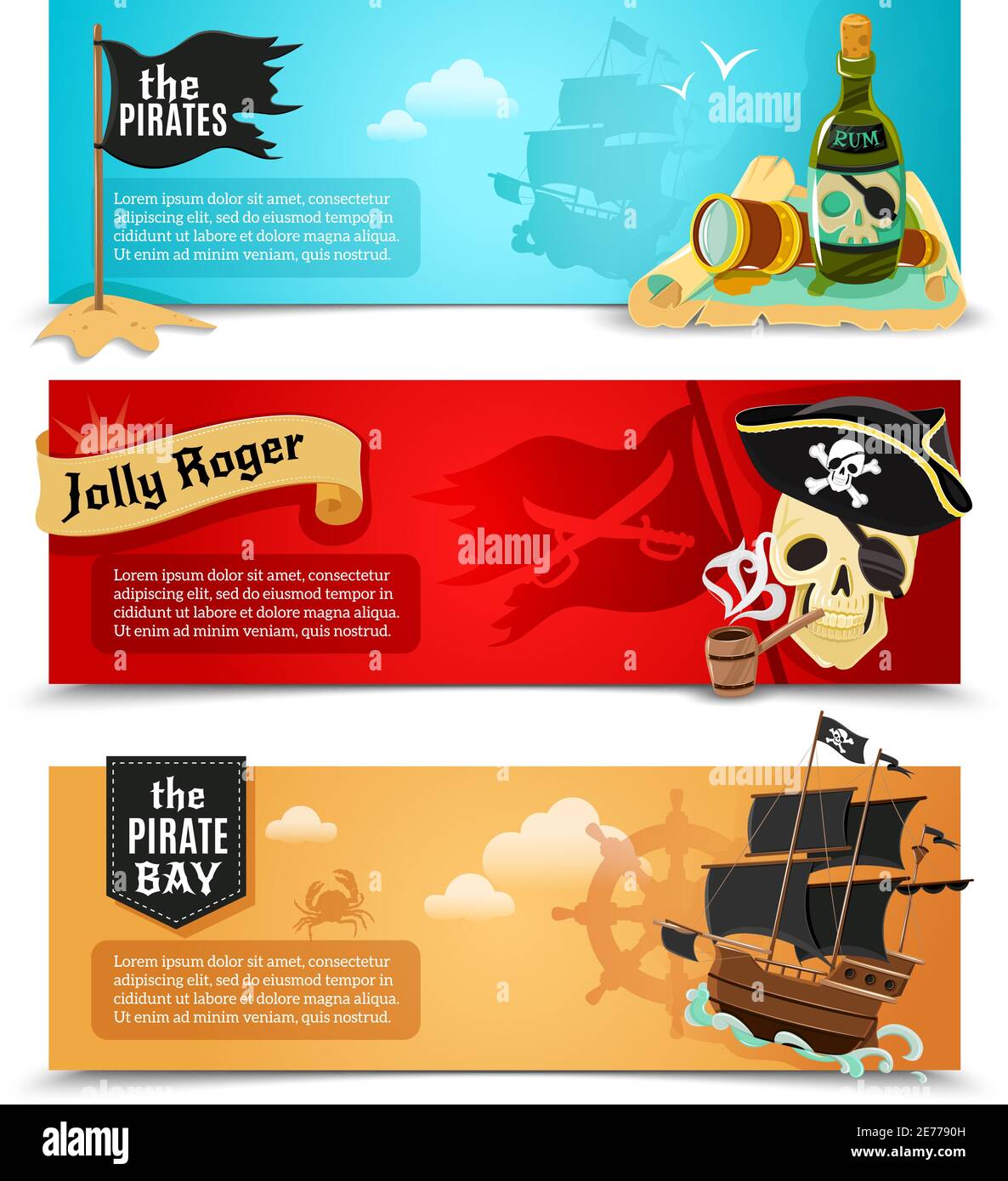 Piraten flache Banner Set mit Schiff Jolly roger und Dreieck Schwarze Hut Symbole abstrakt isoliert Vektor-Illustration Stock Vektor